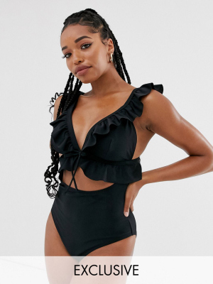 Peek & Beau Fuller Bust Exclusive Eco Frill Swimsuit In Black D-f