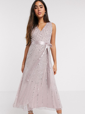 Amelia Rose Bridesmaid Embellished Midi Dress With Wrap Detail In Blush
