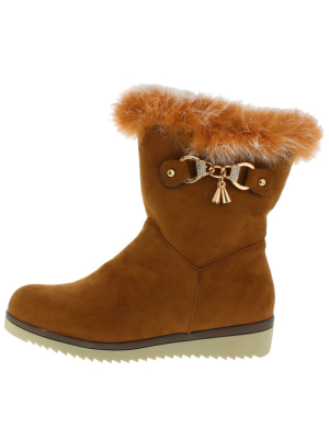 B7014 Camel Suede Toggle Chain Faux Fur Boot