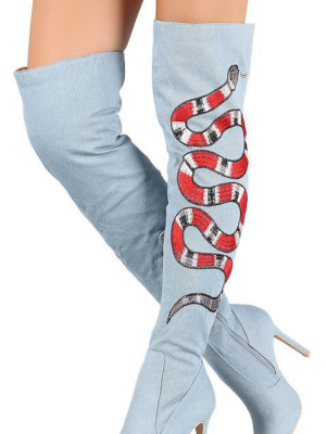 Mini100 Blue Denim Over The Knee Snake Embroidered Boot