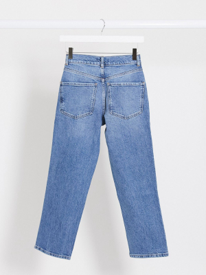 Asos Design Petite High Rise Stretch 'slim' Straight Leg Jeans In Mid Vintage Wash