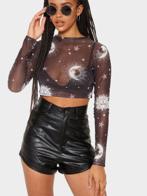 Black Sun Printed Mesh Long Sleeve Crop Top