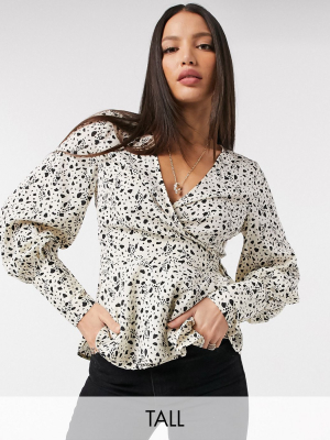 Vero Moda Tall Wrap Top In Beige Spot Print