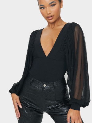 Black Mesh Draped Long Sleeve Plunge Bodysuit