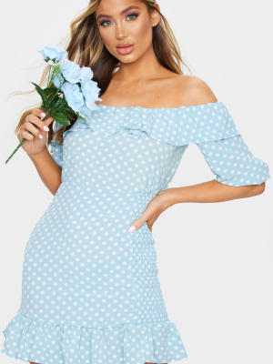 Dusty Blue Polka Dot Shirred Side Bardot...