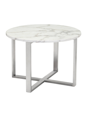 Modern Round Faux Marble Low Side Table - Stone, Brushed Stainless Steel - Zm Home