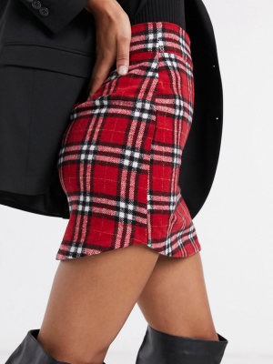 Asos Design Curved Hem Mini Skirt In Brushed Red Plaid