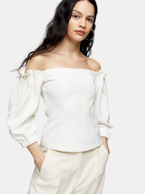 Ivory Tie Shoulder Crepe Bardot Blouse