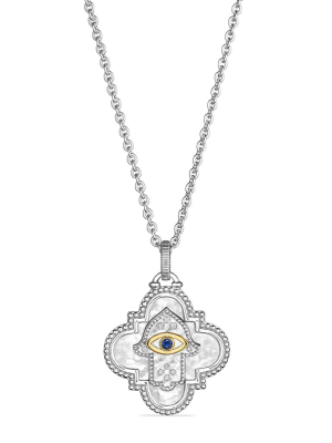 Little Luxuries Long Quatrefoil Hamsa Medallion Necklace With Blue Sapphire, Diamonds And 18k Gold