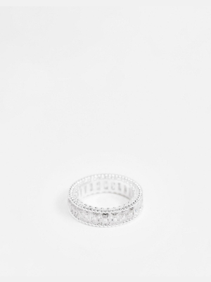 Asos Design Ring With Baguette Cubic Zirconia Stones In Silver Tone