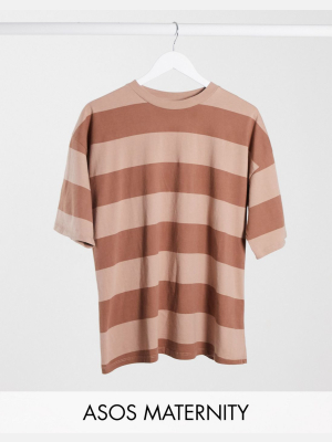 Asos Design Maternity Oversized T-shirt In Chunky Washed Pink Stripe