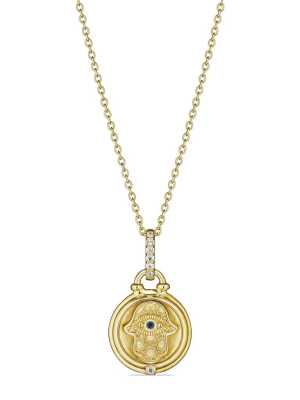 Little Luxuries Hamsa Medallion Necklace With Blue Sapphire And Diamonds In 18k