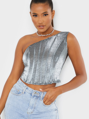 Grey Sheer Glitter Mesh One Shoulder Corset...