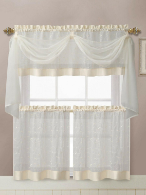 Kate Aurora Living Complete 4 Piece Linen Leaf Embroidered Complete Kitchen Curtain Set