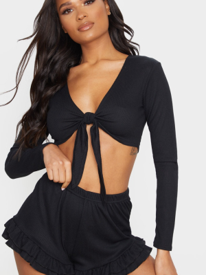 Black Long Sleeve Tie Front Pj Set