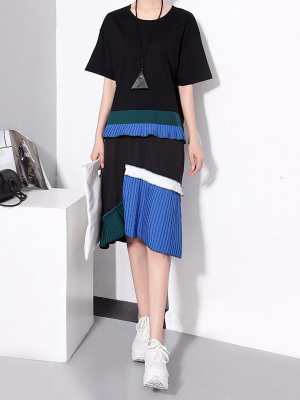 Emon Color Block Pleated Dress - Black