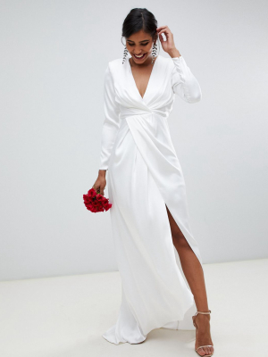 Asos Edition Sadie Pleated Plunge Wrap Wedding Dress In Satin