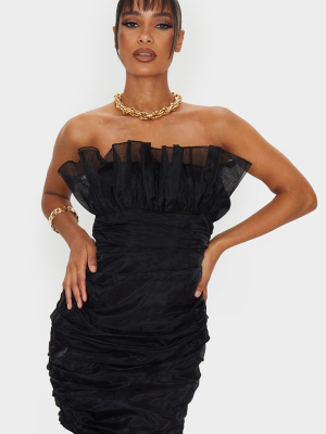 Black Organza Ruched Frill Edge Bandeau Bodycon...