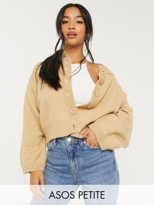 Asos Design Petite Fluffy Cardigan With Crew Neck In Camel