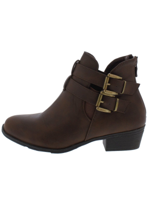 Chase5 Brown Dual Buckle Short Heel Ankle Boot