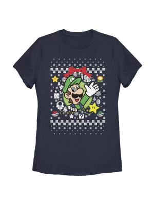 Women's Nintendo Ugly Christmas Luigi Wreath T-shirt