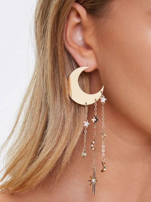 Crescent Moon & Stars Drop Earrings