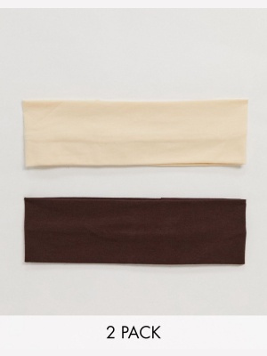 Asos Design Pack Of 2 Wide Jersey Headband In Neutral And Brown Tones