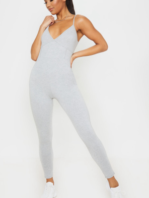 Grey Strappy Binding Detail Plunge Jumpsuit