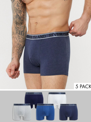 River Island 5 Pack Trunks With Metallic Waist Band In Blue
