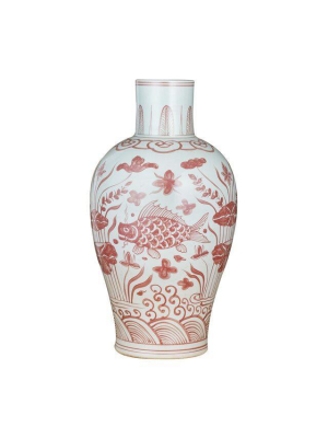 Baluster Vase Coral Red, Fish Motif