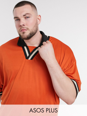 Asos Design Plus Oversized Polo Shirt With Retro Neck Tipping In Hi-shine Fabric