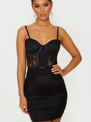 Black Lace Bodice Strappy Cup Detail Bodycon Dress