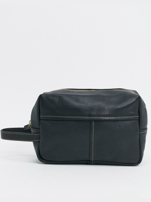 Asos Design Leather Toiletry Bag In Black With Contrast Stitch