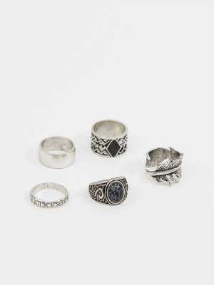 Asos Design Chunky Ring Pack In Burnished Silver Tone
