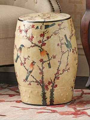 Famille Rose Beige Garden Stool, Magpie Cherry Motif