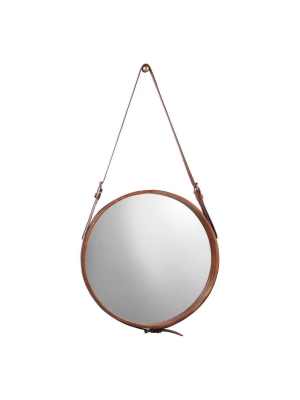 Large Round Mirror In Brown Leather