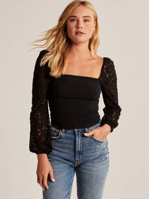 Long-sleeve Lace Squareneck Blouse