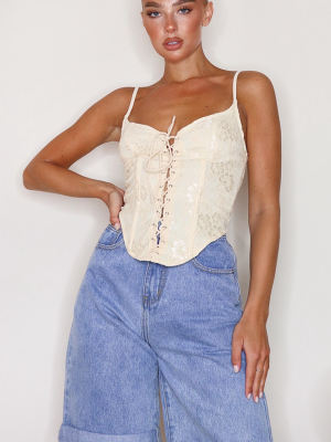 Cream Lace Tie Front Curved Hem Cropped Corset