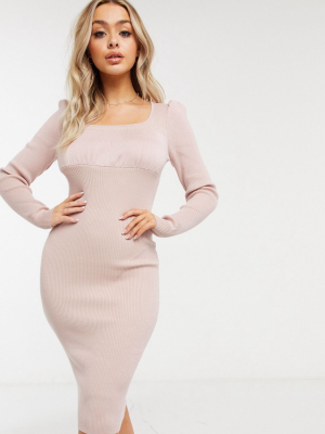 Missguided Long Sleeve Midi Dress With Ruched Bust In Rose