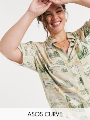 Asos Design Curve Short Sleeve Shirt In Hawaiian Postcard Print