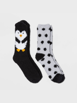 Women's Penguin 2pk Cozy Crew Socks - Black 4-10