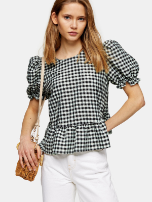 Mint Check Bow Back Puff Shirt