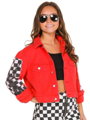 The Finisher | Women's Checkerboard Red Denim Jacket And Skirt