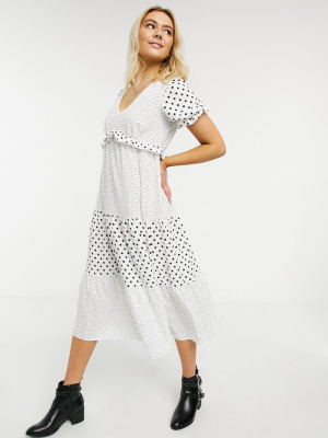 Miss Selfridge Mixed Polka Dot Fill Midi Dress In White