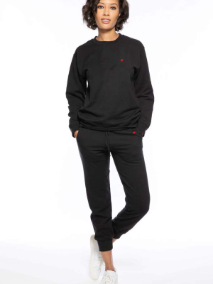 Heart Emb Sweatshirt + Classic Sweats Set - Black