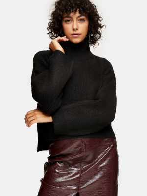 Black Cropped Funnel Neck Knitted Sweater