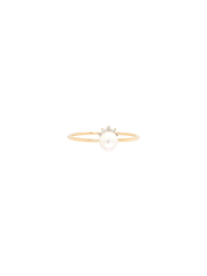 14k Prong Set Pearl And Diamond Crown Ring