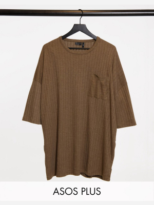 Asos Design Plus Oversized Heavyweight Ribbed T-shirt In Brown