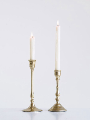 Set Of 2 Brass Aluminum Candlestick Taper Holders - 7.5-9.5" Tall
