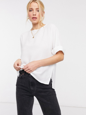 Asos Design Oversized Woven Tee With Roll Sleeve In Ivory